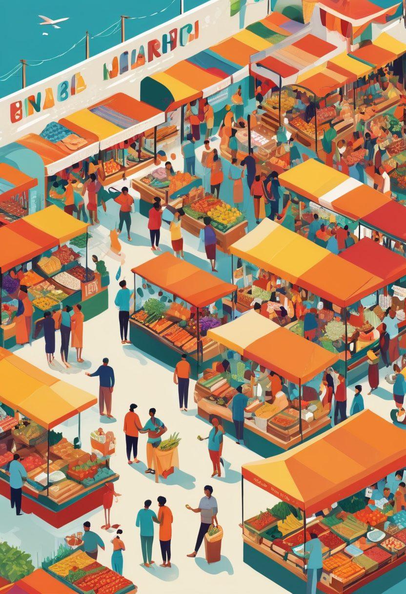 An illustration showcasing a vibrant marketplace bustling with activity, featuring diverse vendors showcasing their regional goods and produce, while a digital auction screen displays bidding activity overhead. Emphasize a contrast between tender processes (with paperwork and negotiations on one side) and lively auction dynamics (with people raising paddles) on the other. Incorporate diverse cultural elements to represent various regions. bright colors. vector art.