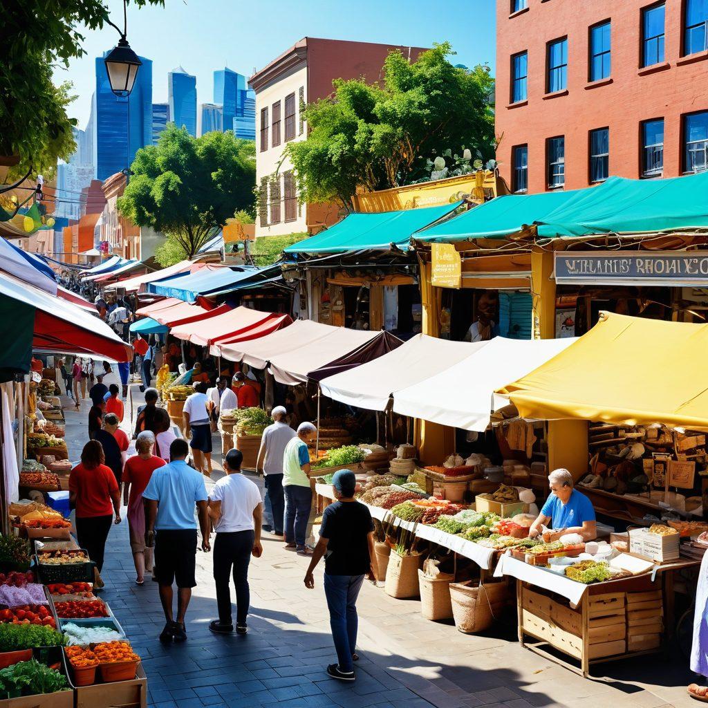 A bustling local marketplace showcasing various small enterprises with colorful stalls and enthusiastic vendors. In the foreground, a diverse group of community members joyfully engaging in a competitive bidding process, highlighting various products and services. The background features a vibrant cityscape representing a close-knit community, filled with greenery and artistic murals. sunlit atmosphere with a warm color palette. super-realistic. vibrant colors.