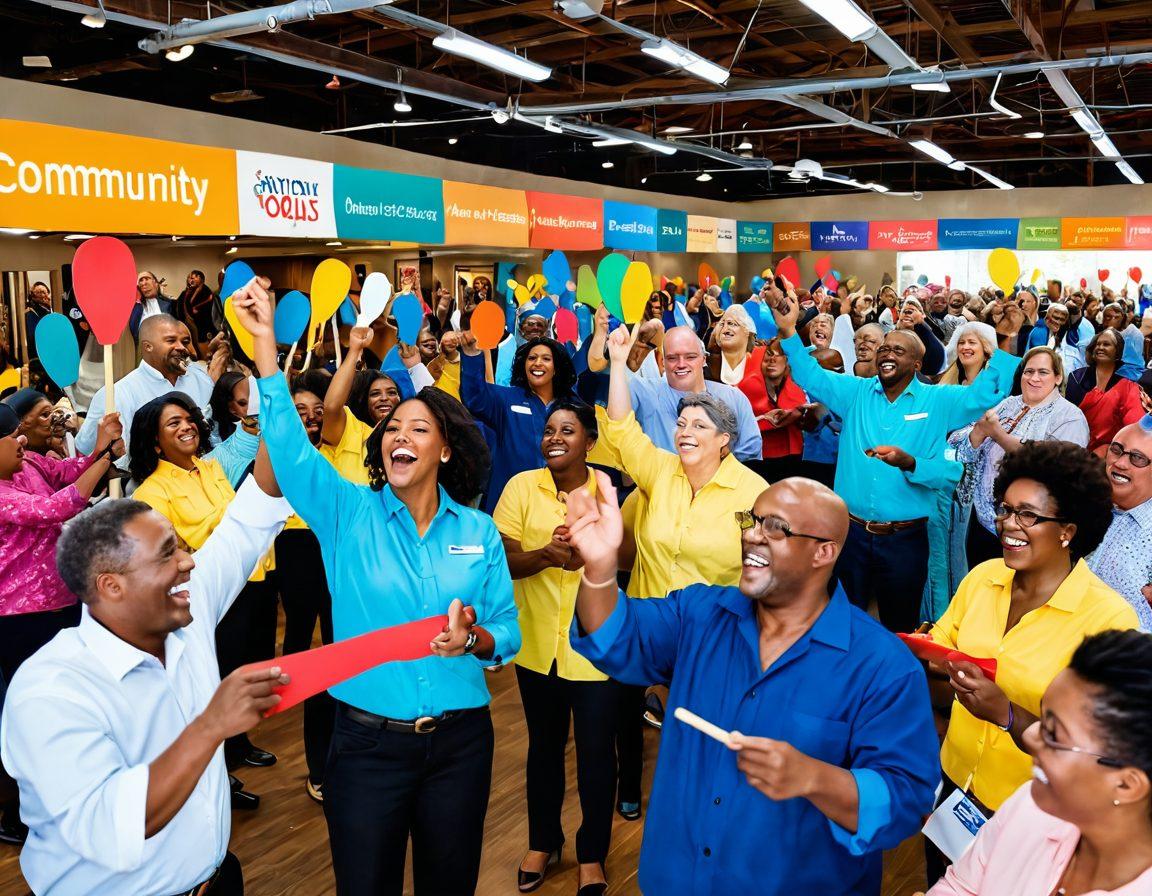 A dynamic scene of diverse community members actively engaging in a vibrant local auction setting, showcasing colorful bidding paddles and animated expressions of excitement and anticipation. Highlight local crafts and unique items being auctioned, with banners promoting community connection and empowerment in the background. Include a warm, inviting atmosphere filled with diverse cultures and positive energy. super-realistic. vibrant colors. 3D.